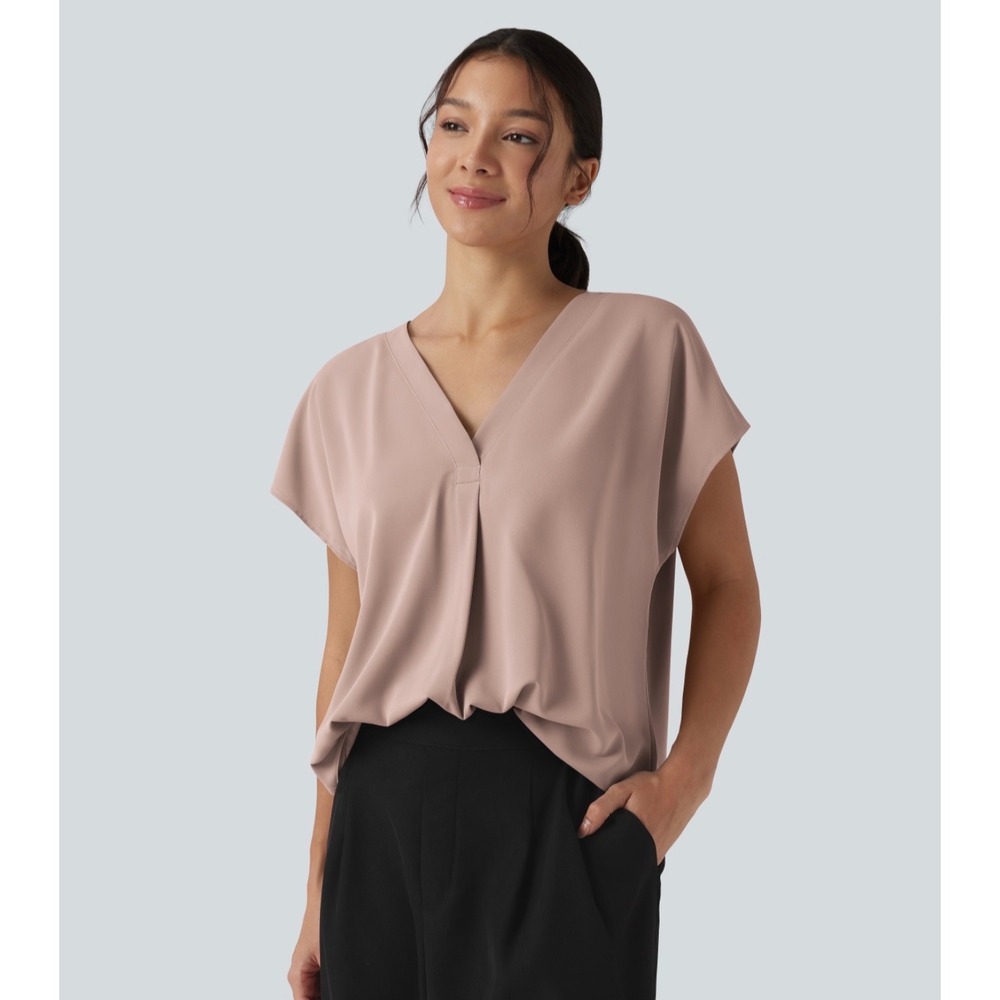 Halara Wrinkle Recovery V-neck Short Sleeve Oversized Work Blouse Mauve Pink M
